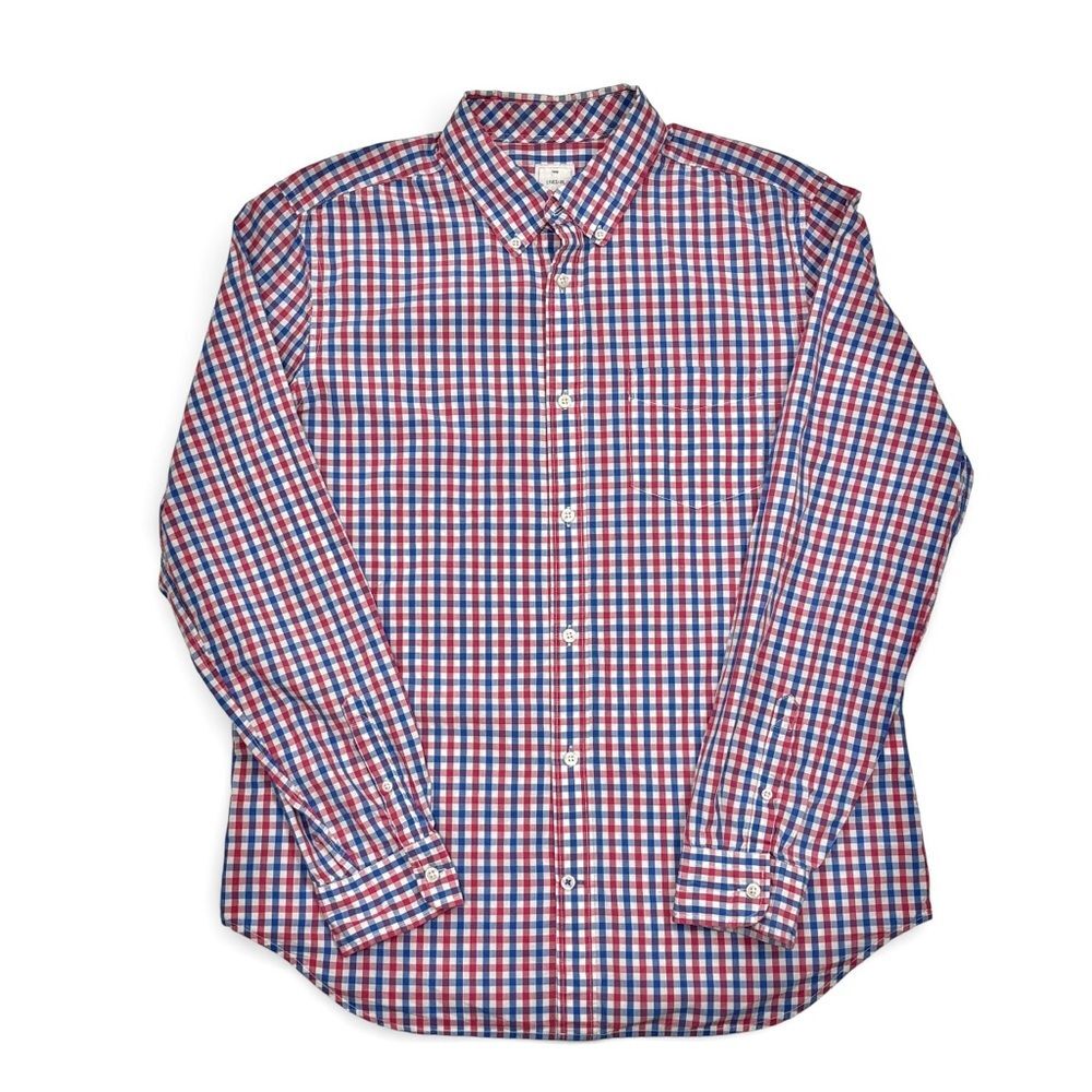Gap Lived-In Button Down Shirt Mens Large Red Blue Gingham Plaid 100% Cotton